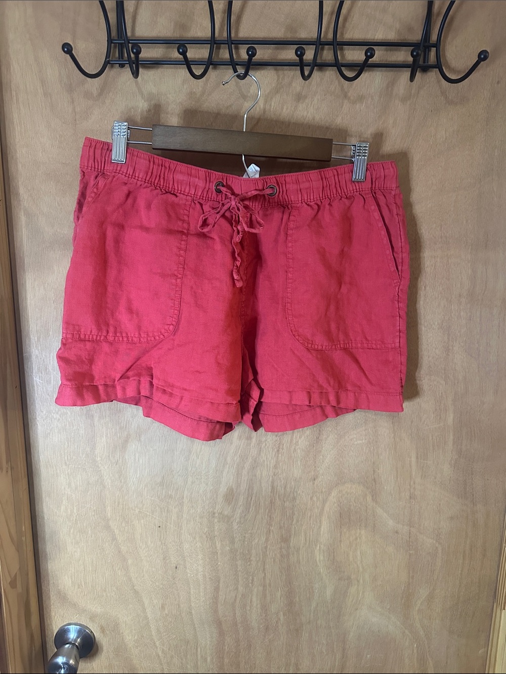 C&C California Coral Red Drawstring Linen-Blend High Waist Shorts
